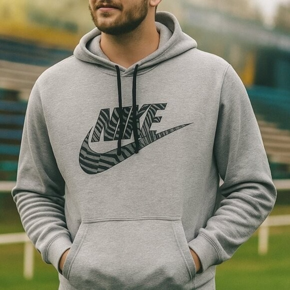 Nike Hoodie Mens Medium Gray Zebra Logo Pullover Sweatshirt Vintage 80s Blue Tag